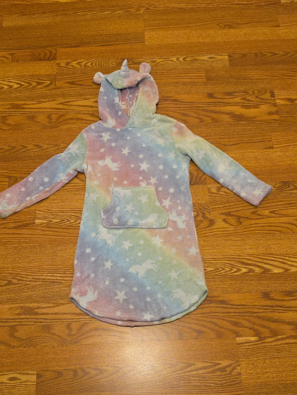 Kids Unicorn Hooded Fleece Nightgown - Pastel Rainbow Stars Size S (7/8)